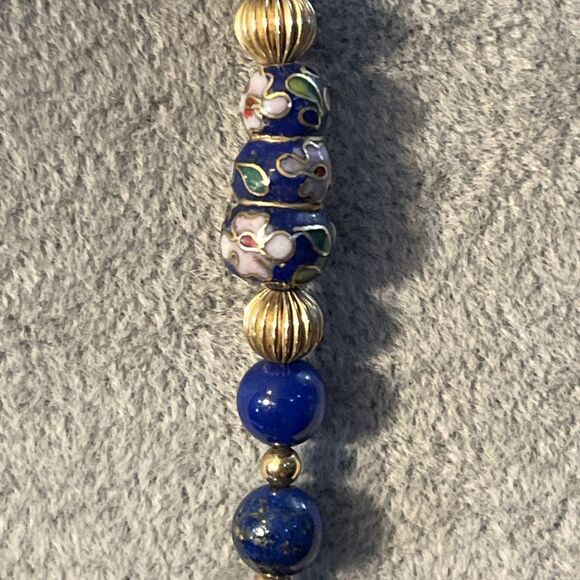 Vintage Lapis Lazuli & Cloisonné Beaded Necklace Unique Shaped 24” - Picture 9 of 13